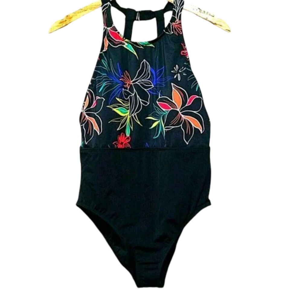 Eco Beach NWT One-Piece High Neck Floral Multicolor Tropical Bathing Swimsuit L